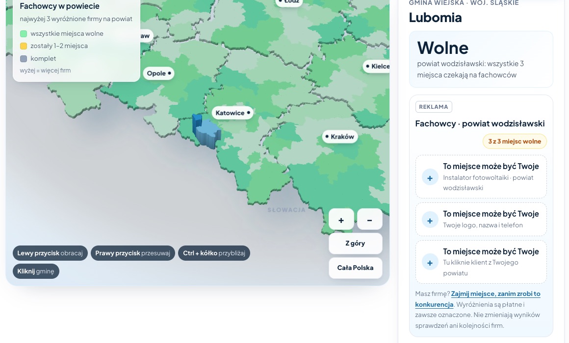 Mapa fachowców 3D: powiat wodzisławski podniesiony, obok karta z trzema wolnymi miejscami dla instalatorów