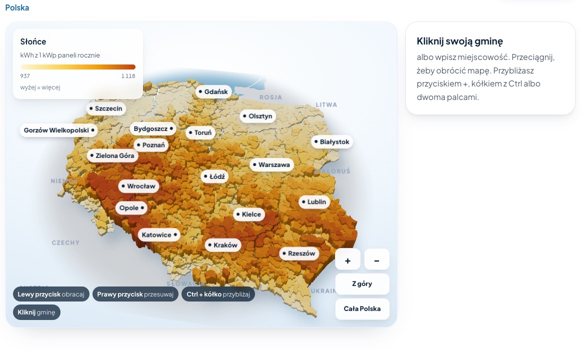Mapa OZE Polski 3D: ile kWh daje 1 kWp paneli w każdej gminie